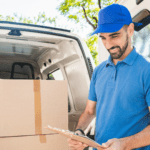 a man holding a courier box