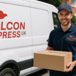 Falcon Express courier in Southampton delivering a package with branded van