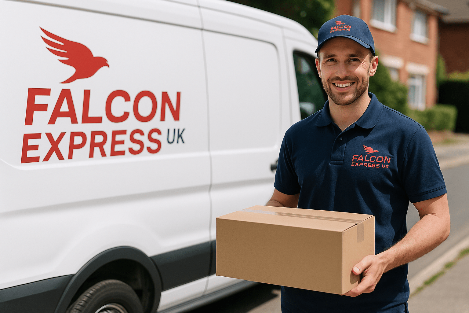 Falcon Express courier in Southampton delivering a package with branded van